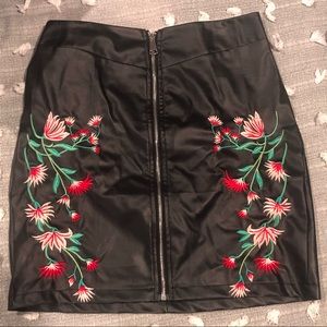 Faux leather embroidered skirt